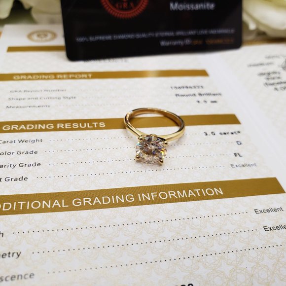 14K Solid  Yellow Gold 3 Carats Round Cut Moissanite Engagement Ring - Picture 4 of 5